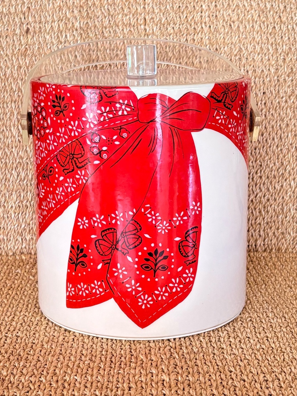 Vintage Cera Red Bandanna on White Ice Bucket Excellent Condition